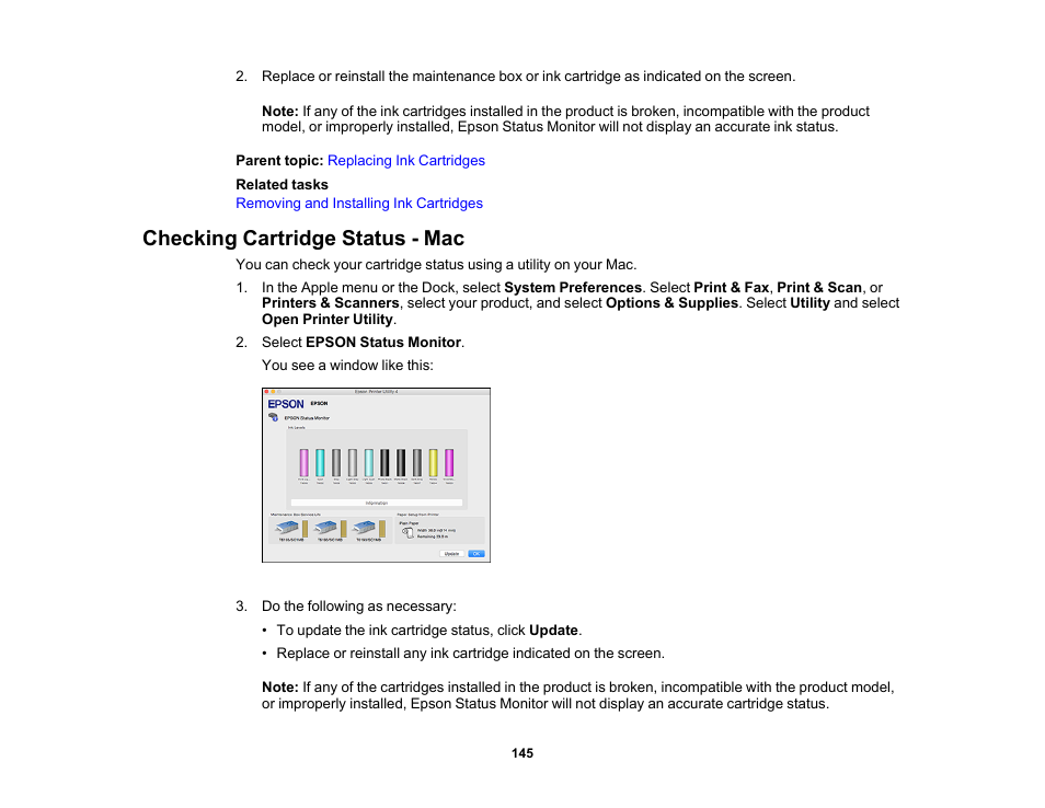 Checking cartridge status - mac | Epson SureColor P20000 Standard Edition 64" Large-Format Inkjet Printer User Manual | Page 145 / 232