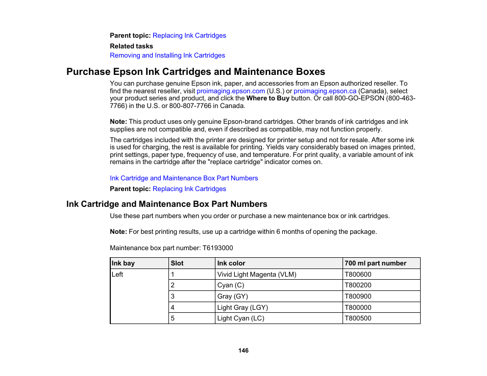 Ink cartridge and maintenance box part numbers | Epson SureColor P20000 Standard Edition 64" Large-Format Inkjet Printer User Manual | Page 146 / 232