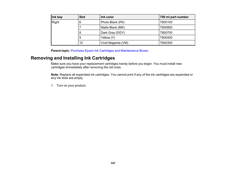 Removing and installing ink cartridges | Epson SureColor P20000 Standard Edition 64" Large-Format Inkjet Printer User Manual | Page 147 / 232