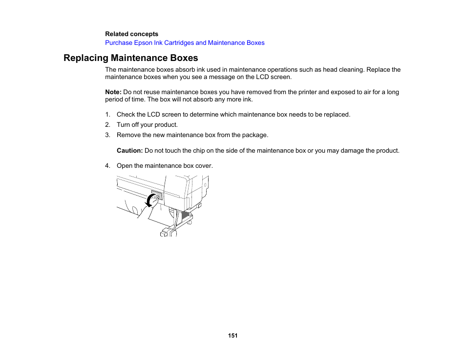 Replacing maintenance boxes | Epson SureColor P20000 Standard Edition 64" Large-Format Inkjet Printer User Manual | Page 151 / 232