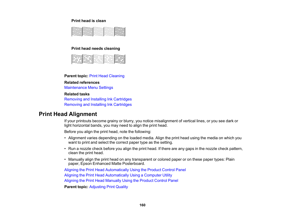 Print head alignment | Epson SureColor P20000 Standard Edition 64" Large-Format Inkjet Printer User Manual | Page 160 / 232