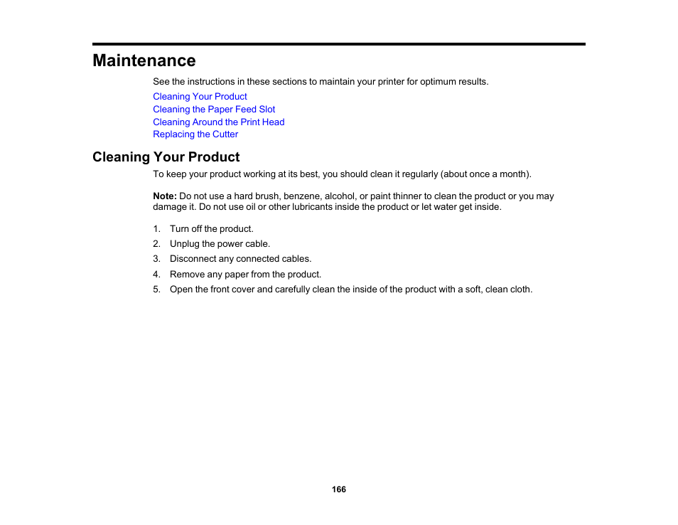 Maintenance, Cleaning your product | Epson SureColor P20000 Standard Edition 64" Large-Format Inkjet Printer User Manual | Page 166 / 232