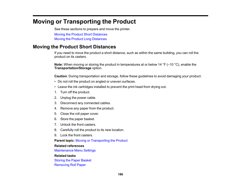 Moving or transporting the product, Moving the product short distances | Epson SureColor P20000 Standard Edition 64" Large-Format Inkjet Printer User Manual | Page 186 / 232