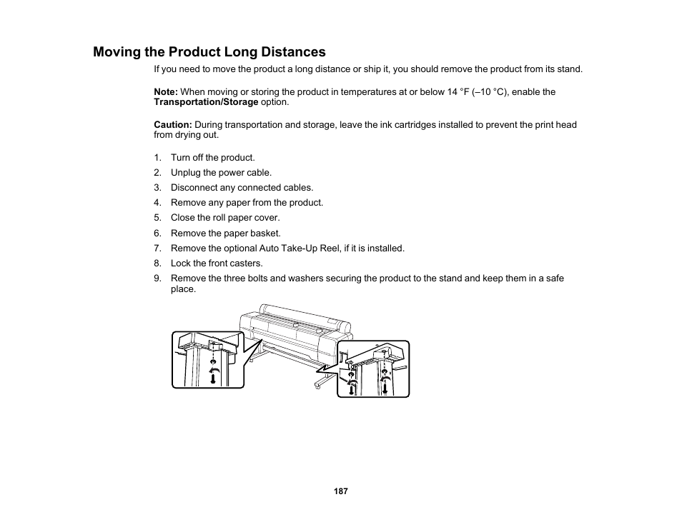 Moving the product long distances | Epson SureColor P20000 Standard Edition 64" Large-Format Inkjet Printer User Manual | Page 187 / 232