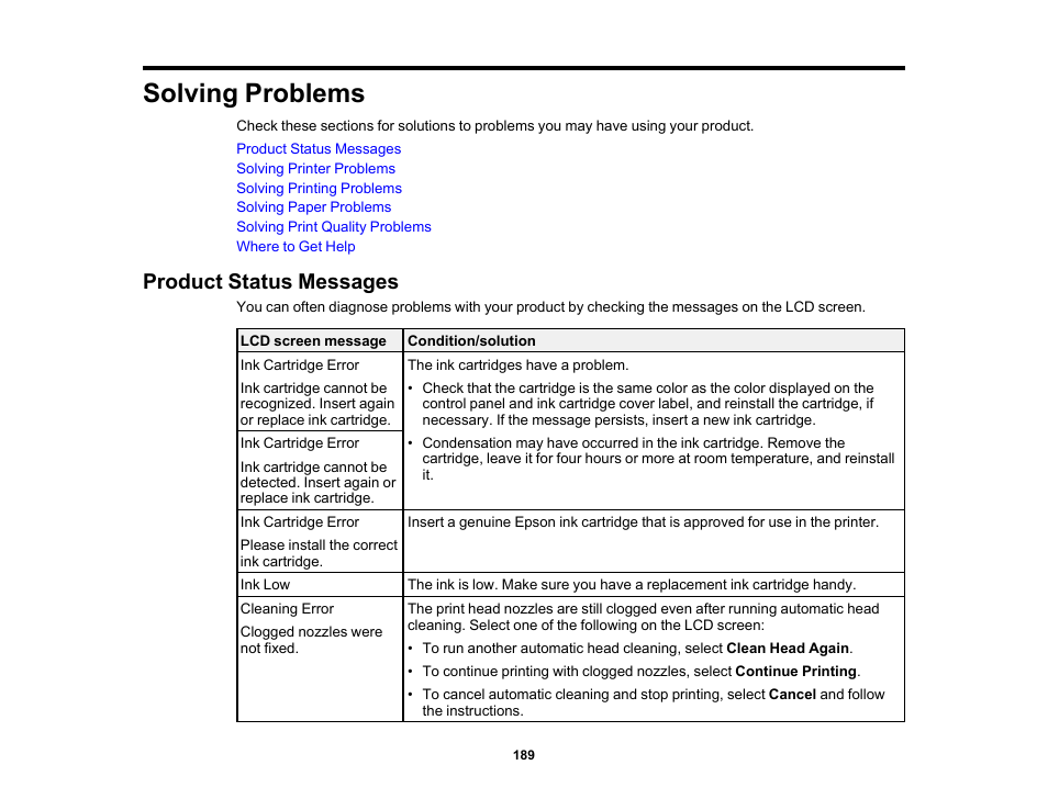 Solving problems, Product status messages | Epson SureColor P20000 Standard Edition 64" Large-Format Inkjet Printer User Manual | Page 189 / 232