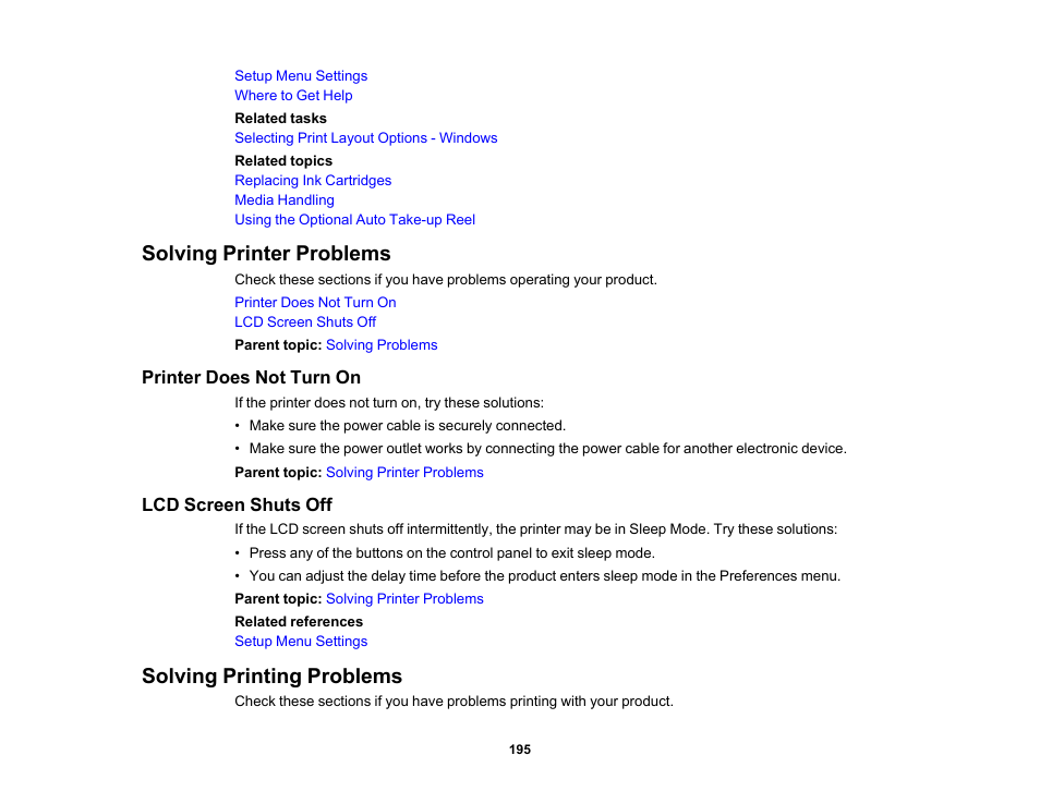 Solving printer problems, Printer does not turn on, Lcd screen shuts off | Solving printing problems, Printer does not turn on lcd screen shuts off, Solving printer problems solving printing problems | Epson SureColor P20000 Standard Edition 64" Large-Format Inkjet Printer User Manual | Page 195 / 232