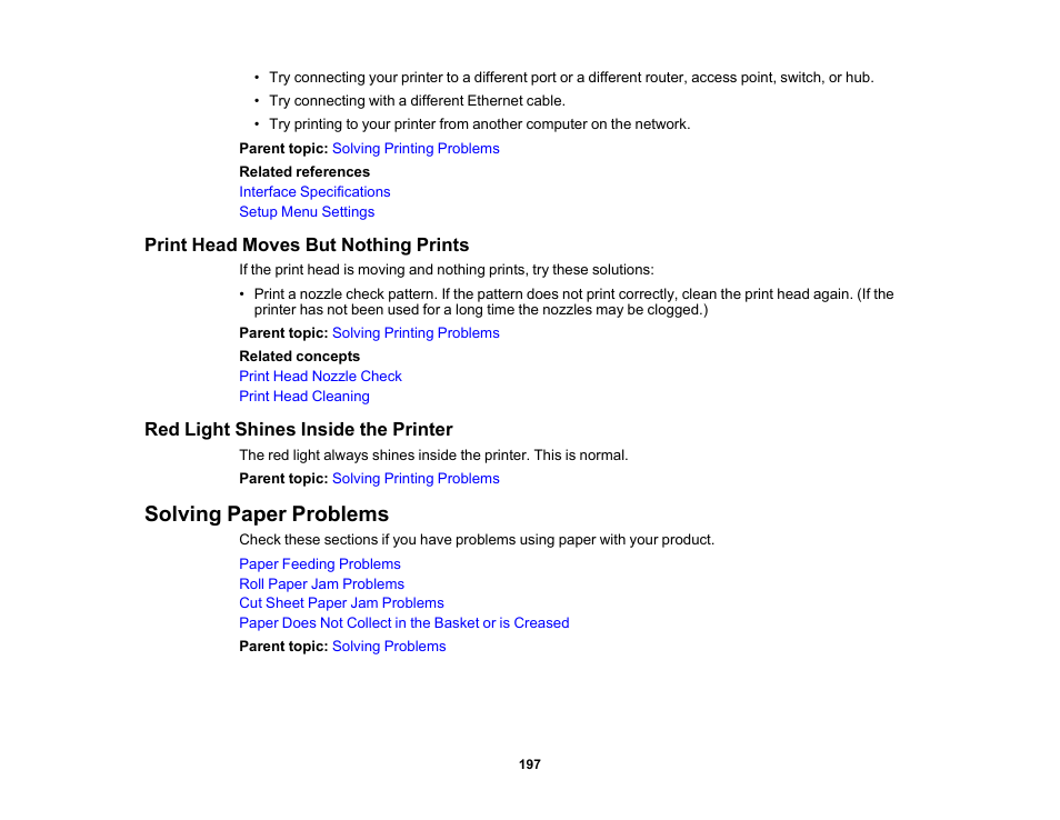 Print head moves but nothing prints, Red light shines inside the printer, Solving paper problems | Epson SureColor P20000 Standard Edition 64" Large-Format Inkjet Printer User Manual | Page 197 / 232