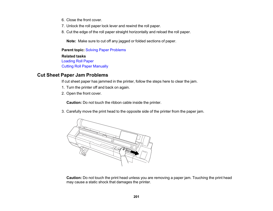 Cut sheet paper jam problems | Epson SureColor P20000 Standard Edition 64" Large-Format Inkjet Printer User Manual | Page 201 / 232