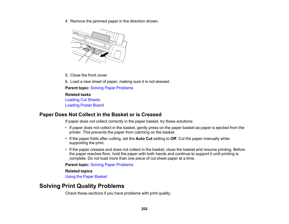 Paper does not collect in the basket or is creased, Solving print quality problems | Epson SureColor P20000 Standard Edition 64" Large-Format Inkjet Printer User Manual | Page 202 / 232
