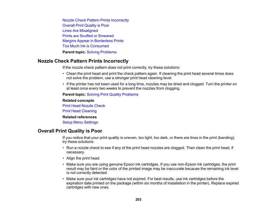 Nozzle check pattern prints incorrectly, Overall print quality is poor | Epson SureColor P20000 Standard Edition 64" Large-Format Inkjet Printer User Manual | Page 203 / 232