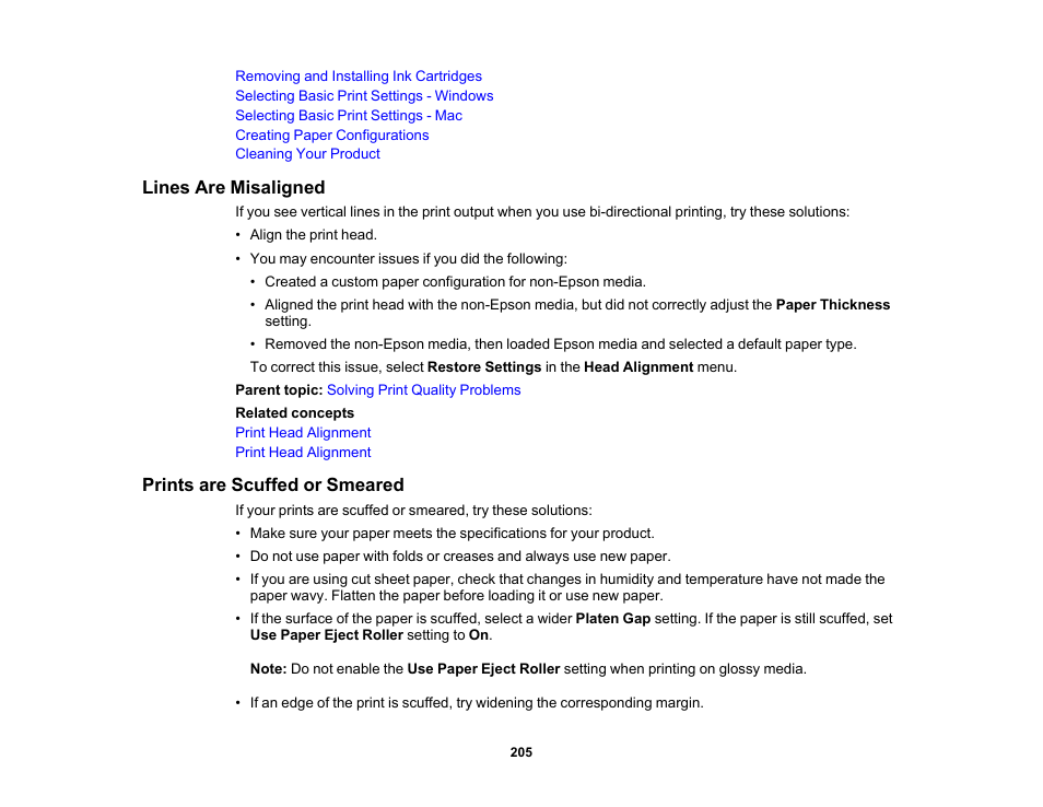 Lines are misaligned, Prints are scuffed or smeared, Lines are misaligned prints are scuffed or smeared | Epson SureColor P20000 Standard Edition 64" Large-Format Inkjet Printer User Manual | Page 205 / 232