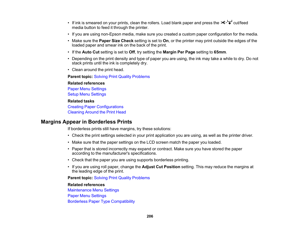 Margins appear in borderless prints | Epson SureColor P20000 Standard Edition 64" Large-Format Inkjet Printer User Manual | Page 206 / 232