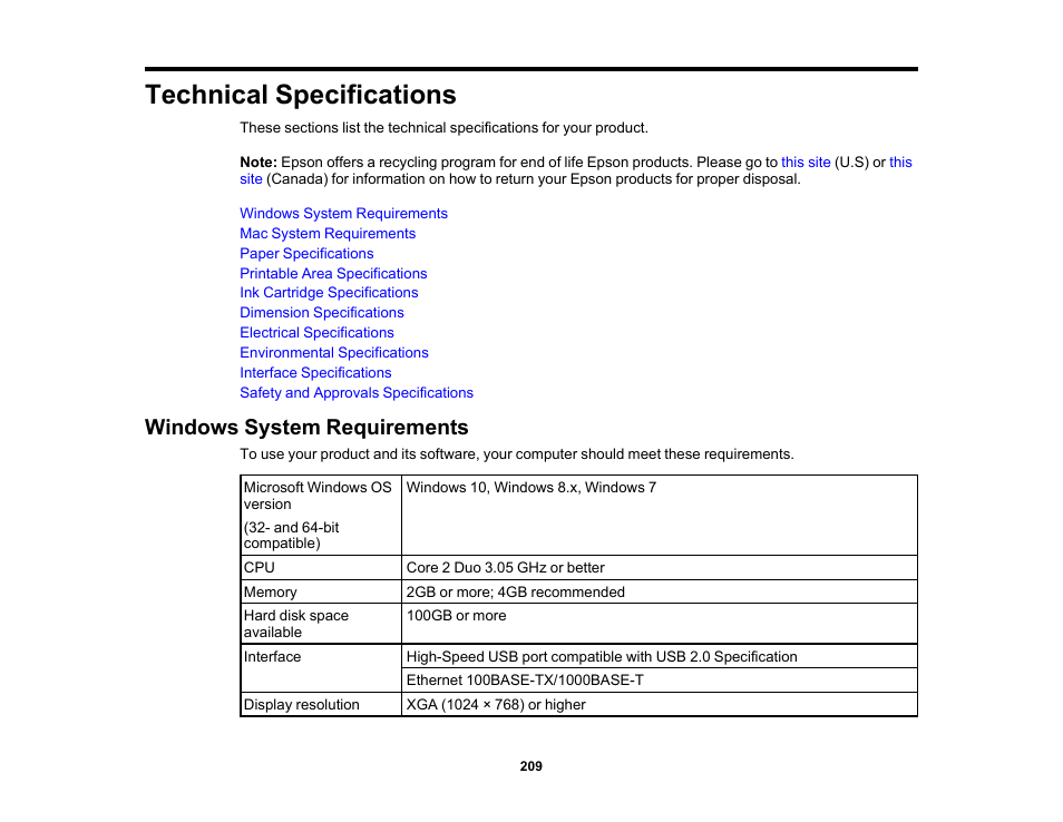 Technical specifications, Windows system requirements | Epson SureColor P20000 Standard Edition 64" Large-Format Inkjet Printer User Manual | Page 209 / 232