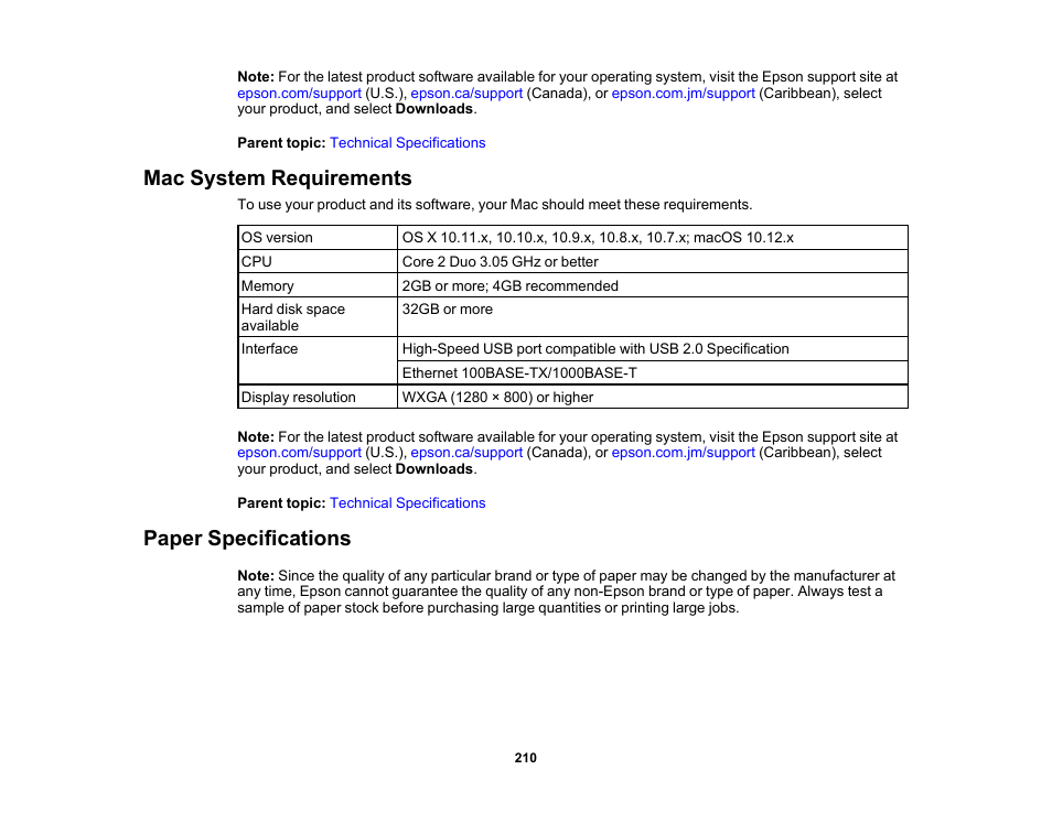 Mac system requirements, Paper specifications, Mac system requirements paper specifications | Epson SureColor P20000 Standard Edition 64" Large-Format Inkjet Printer User Manual | Page 210 / 232