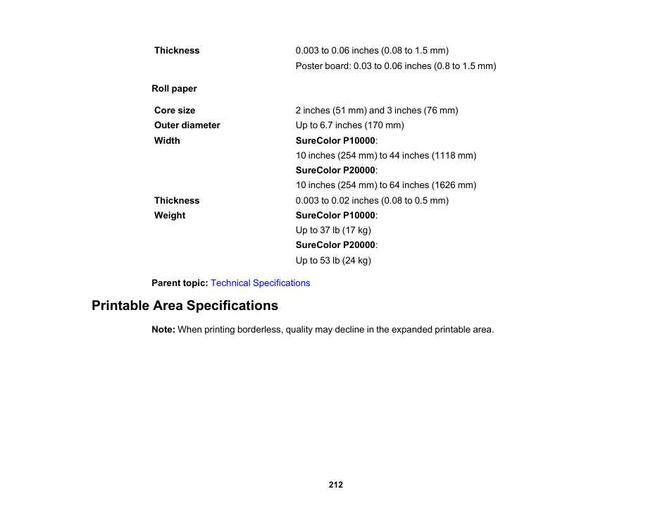 Printable area specifications | Epson SureColor P20000 Standard Edition 64" Large-Format Inkjet Printer User Manual | Page 212 / 232