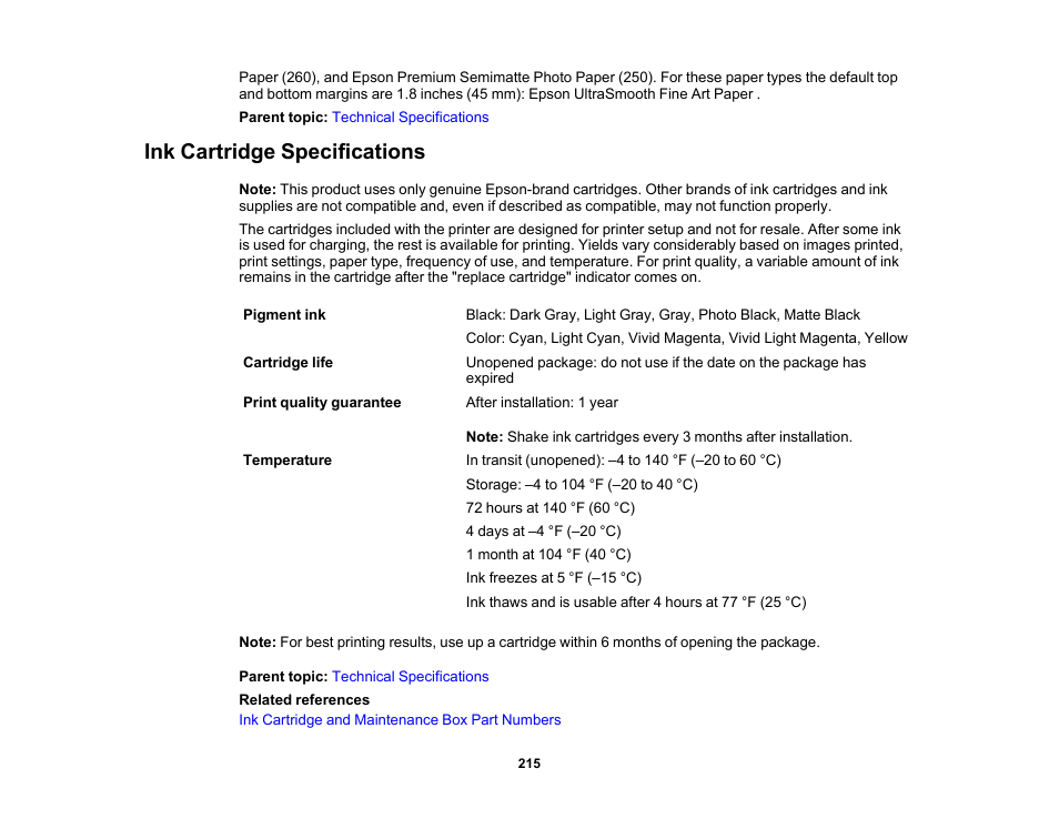 Ink cartridge specifications | Epson SureColor P20000 Standard Edition 64" Large-Format Inkjet Printer User Manual | Page 215 / 232