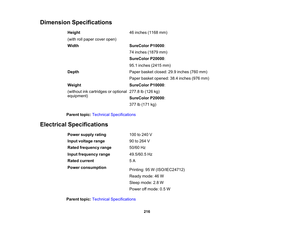 Dimension specifications, Electrical specifications, Dimension specifications electrical specifications | Epson SureColor P20000 Standard Edition 64" Large-Format Inkjet Printer User Manual | Page 216 / 232