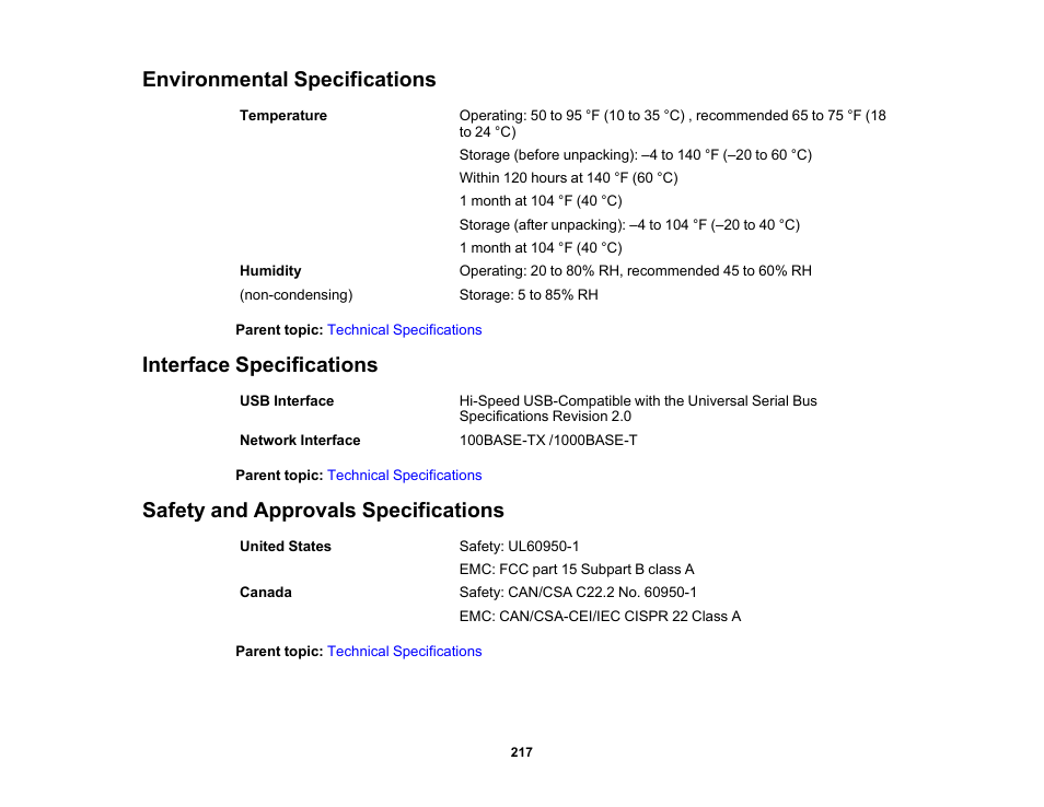 Environmental specifications, Interface specifications, Safety and approvals specifications | Epson SureColor P20000 Standard Edition 64" Large-Format Inkjet Printer User Manual | Page 217 / 232