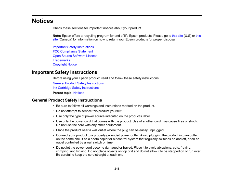 Notices, Important safety instructions, General product safety instructions | Epson SureColor P20000 Standard Edition 64" Large-Format Inkjet Printer User Manual | Page 218 / 232