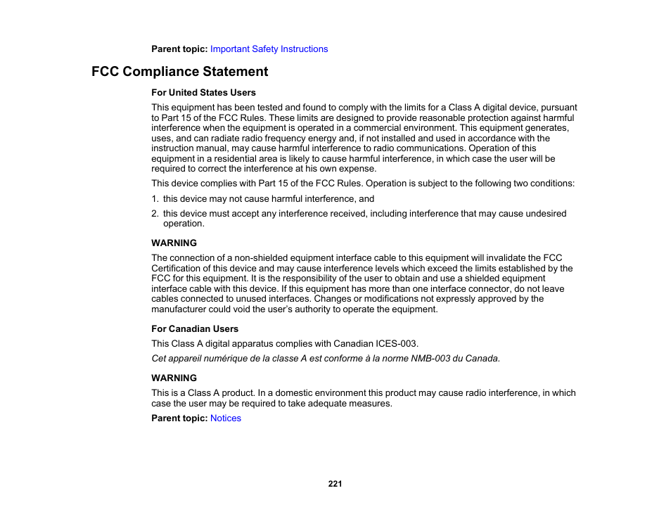 Fcc compliance statement | Epson SureColor P20000 Standard Edition 64" Large-Format Inkjet Printer User Manual | Page 221 / 232