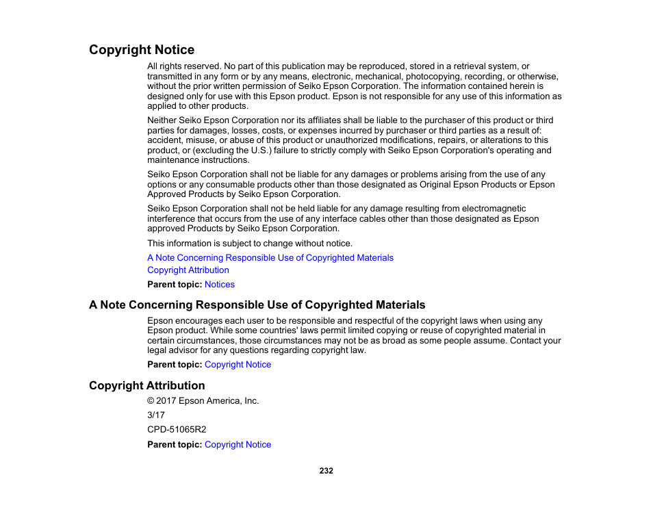 Copyright notice, Copyright attribution | Epson SureColor P20000 Standard Edition 64" Large-Format Inkjet Printer User Manual | Page 232 / 232