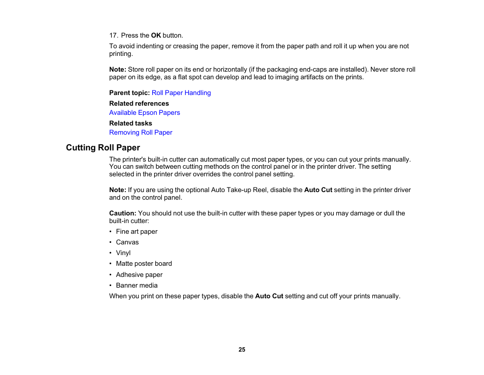 Cutting roll paper | Epson SureColor P20000 Standard Edition 64" Large-Format Inkjet Printer User Manual | Page 25 / 232