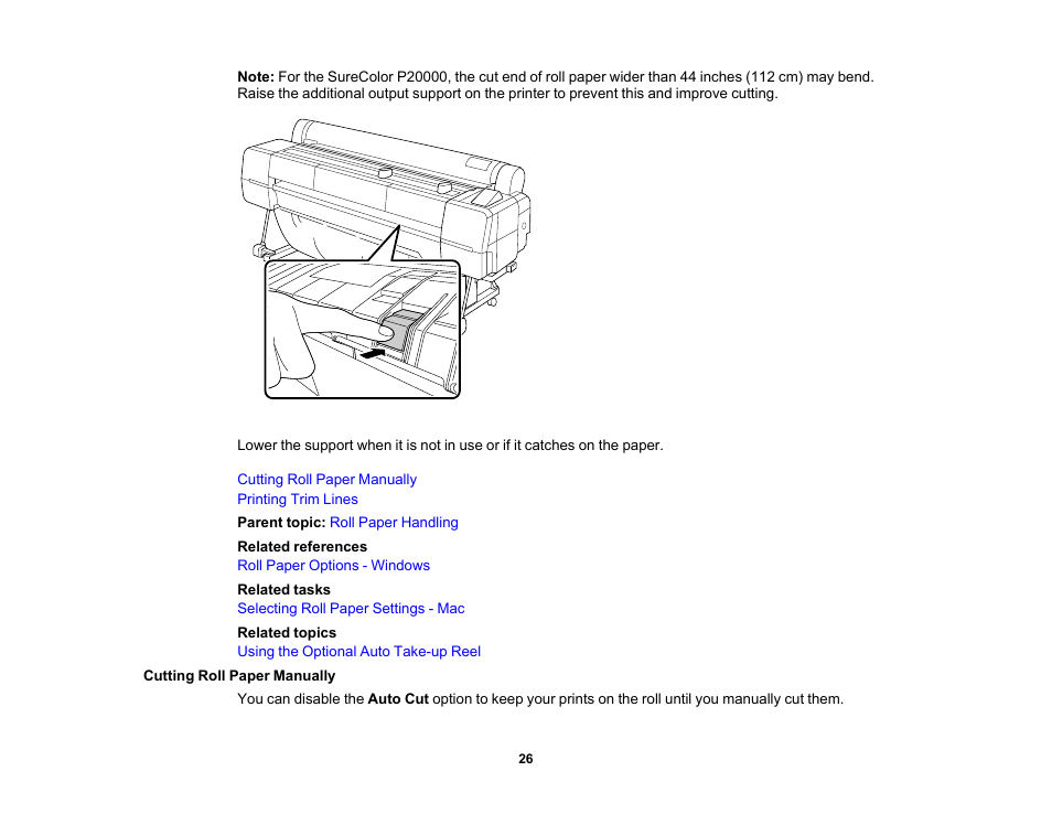 Cutting roll paper manually | Epson SureColor P20000 Standard Edition 64" Large-Format Inkjet Printer User Manual | Page 26 / 232