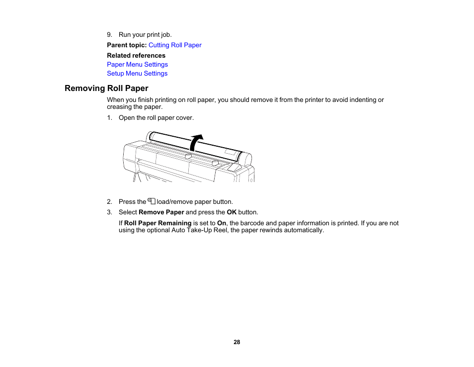 Removing roll paper | Epson SureColor P20000 Standard Edition 64" Large-Format Inkjet Printer User Manual | Page 28 / 232