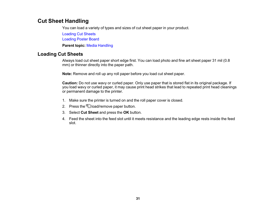 Cut sheet handling, Loading cut sheets | Epson SureColor P20000 Standard Edition 64" Large-Format Inkjet Printer User Manual | Page 31 / 232