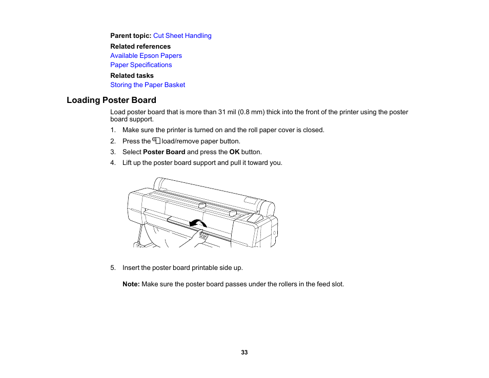 Loading poster board | Epson SureColor P20000 Standard Edition 64" Large-Format Inkjet Printer User Manual | Page 33 / 232