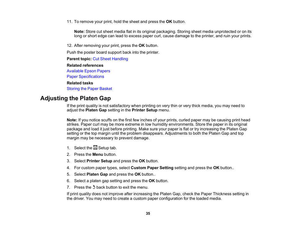 Adjusting the platen gap | Epson SureColor P20000 Standard Edition 64" Large-Format Inkjet Printer User Manual | Page 35 / 232