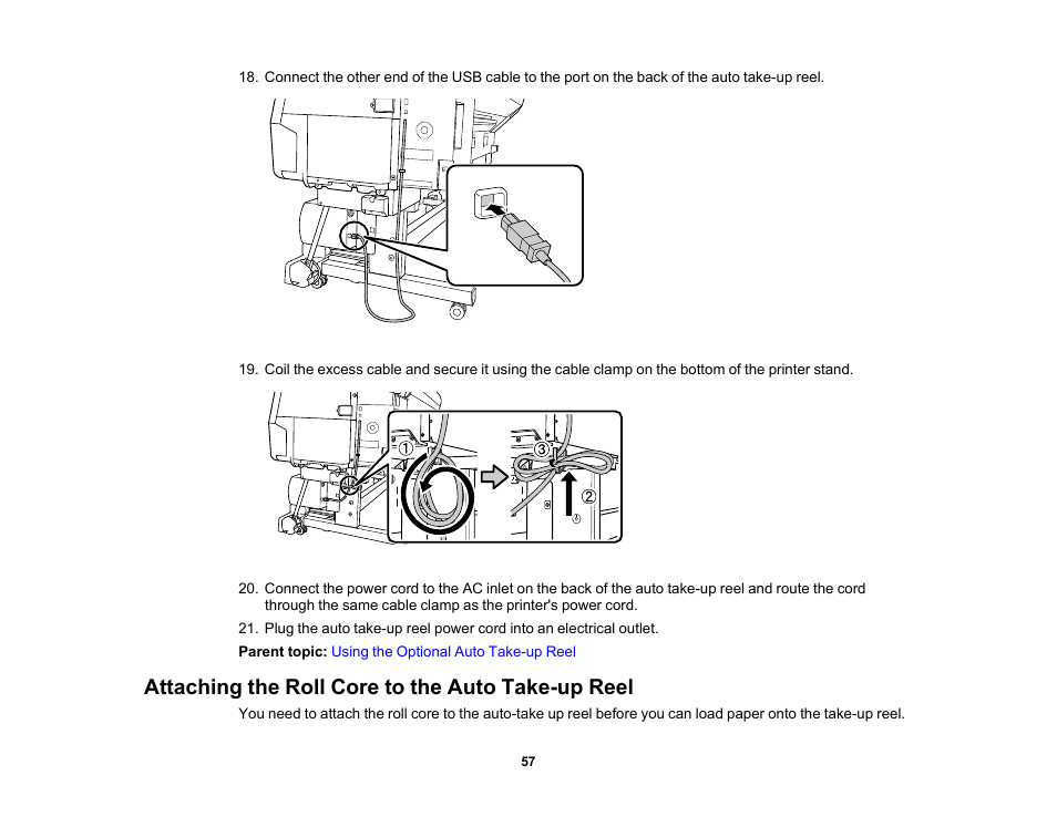 Attaching the roll core to the auto take-up reel | Epson SureColor P20000 Standard Edition 64" Large-Format Inkjet Printer User Manual | Page 57 / 232