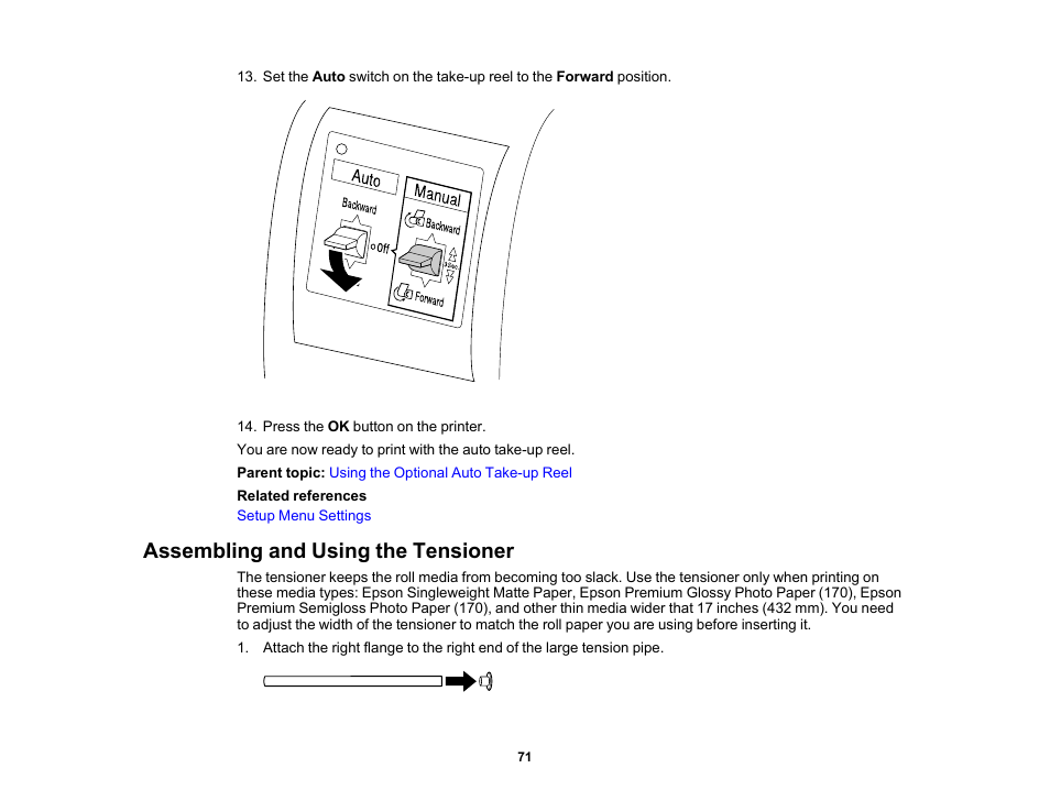 Assembling and using the tensioner | Epson SureColor P20000 Standard Edition 64" Large-Format Inkjet Printer User Manual | Page 71 / 232