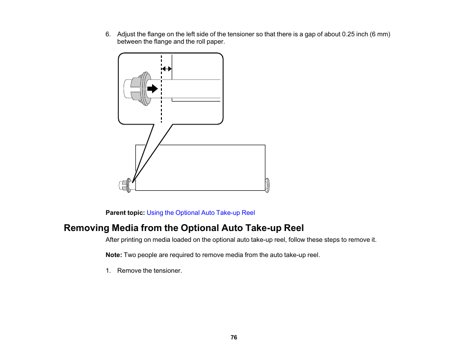 Removing media from the optional auto take-up reel | Epson SureColor P20000 Standard Edition 64" Large-Format Inkjet Printer User Manual | Page 76 / 232