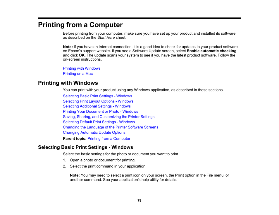 Printing from a computer, Printing with windows, Selecting basic print settings - windows | Epson SureColor P20000 Standard Edition 64" Large-Format Inkjet Printer User Manual | Page 79 / 232