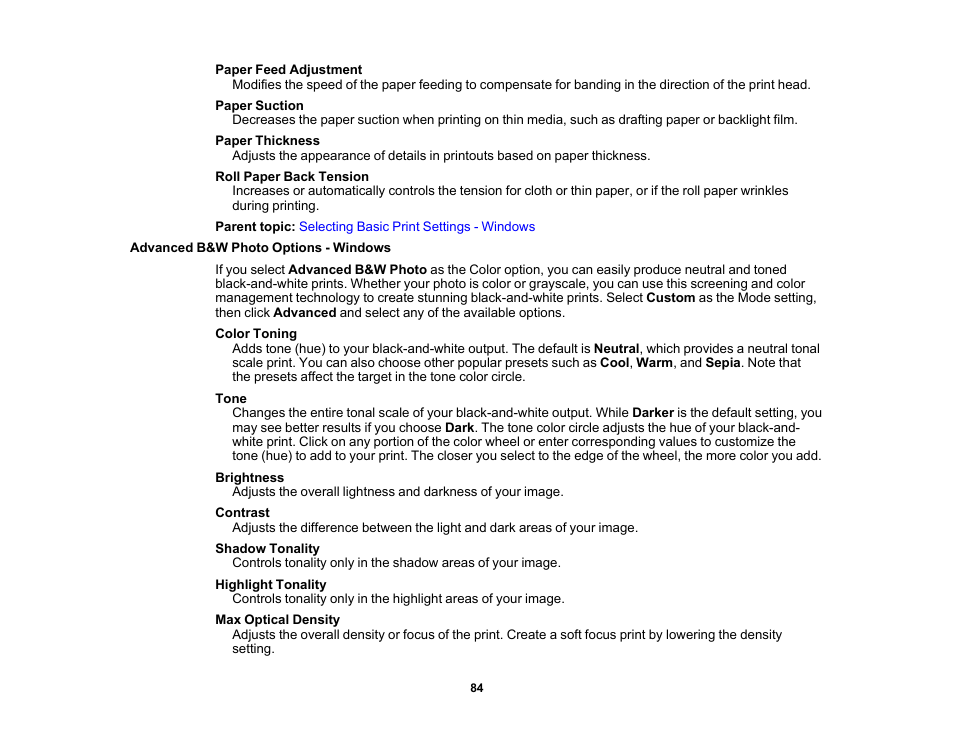 Advanced b&w photo options - windows | Epson SureColor P20000 Standard Edition 64" Large-Format Inkjet Printer User Manual | Page 84 / 232