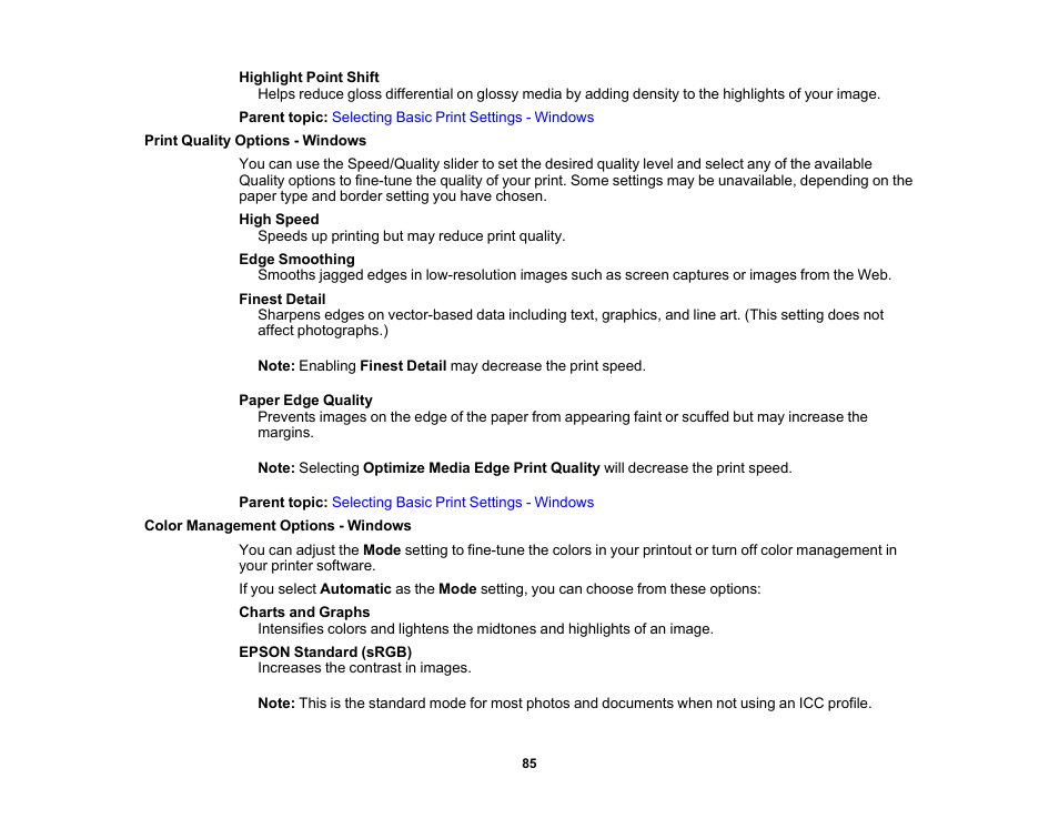 Print quality options - windows, Color management options - windows | Epson SureColor P20000 Standard Edition 64" Large-Format Inkjet Printer User Manual | Page 85 / 232