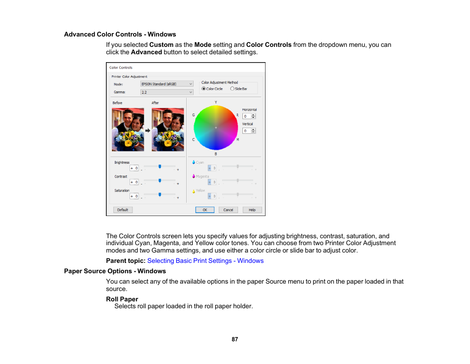 Advanced color controls - windows, Paper source options - windows | Epson SureColor P20000 Standard Edition 64" Large-Format Inkjet Printer User Manual | Page 87 / 232