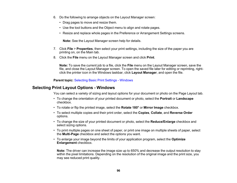 Selecting print layout options - windows | Epson SureColor P20000 Standard Edition 64" Large-Format Inkjet Printer User Manual | Page 96 / 232