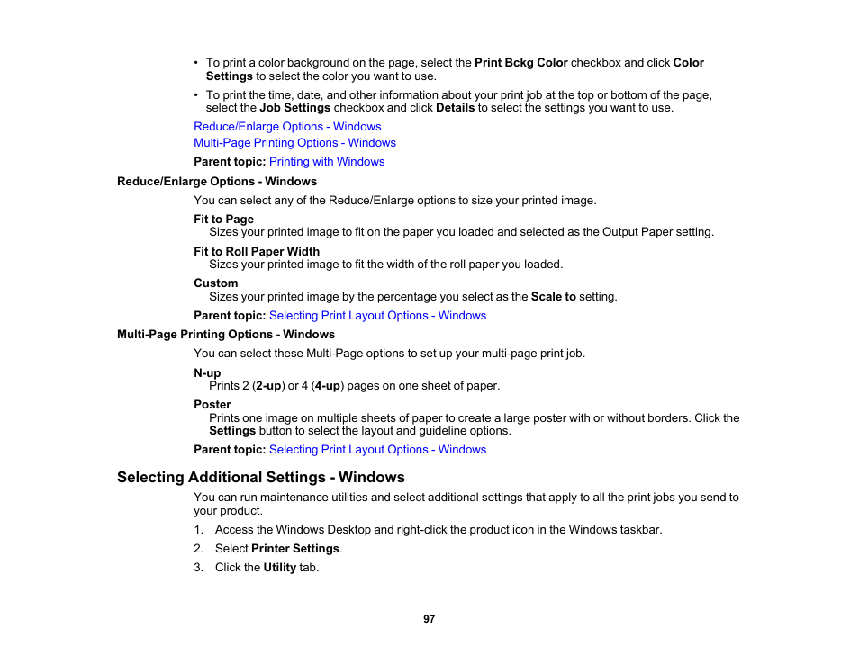 Reduce/enlarge options - windows, Selecting additional settings - windows | Epson SureColor P20000 Standard Edition 64" Large-Format Inkjet Printer User Manual | Page 97 / 232