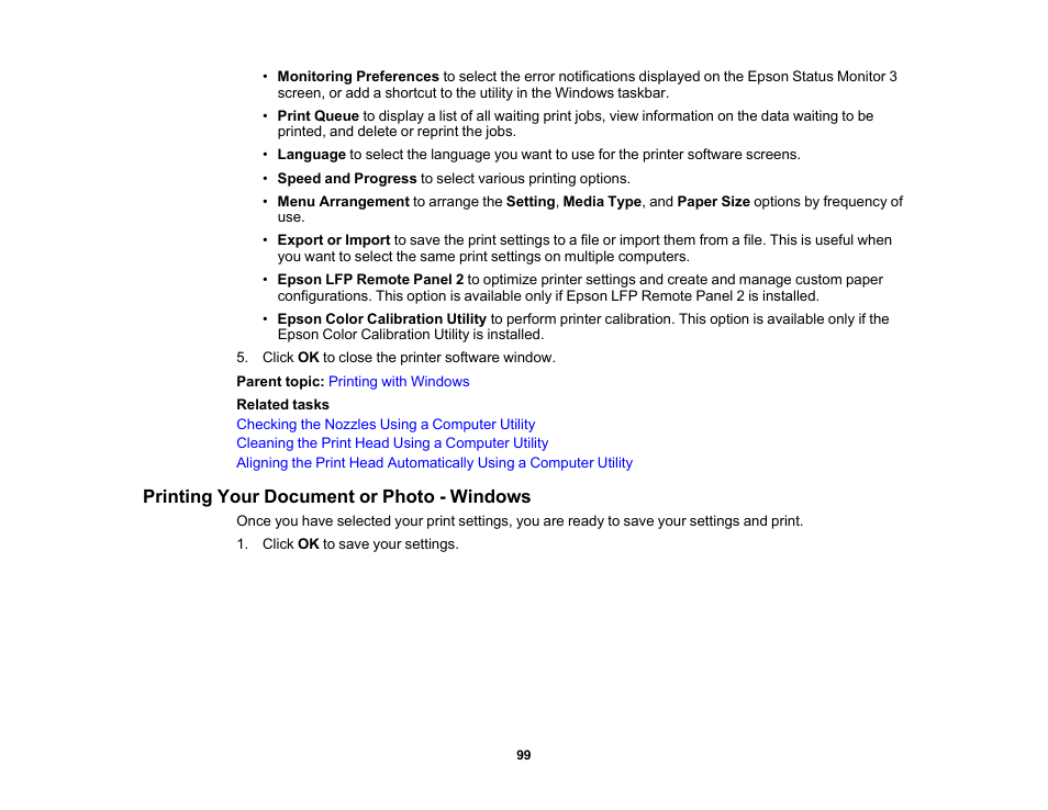 Printing your document or photo - windows | Epson SureColor P20000 Standard Edition 64" Large-Format Inkjet Printer User Manual | Page 99 / 232