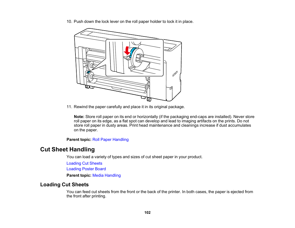 Cut sheet handling, Loading cut sheets | Epson SureColor P8570DL 44" Wide-Format Dual Roll Printer with High-Capacity 1.6L Ink Pack System User Manual | Page 102 / 462