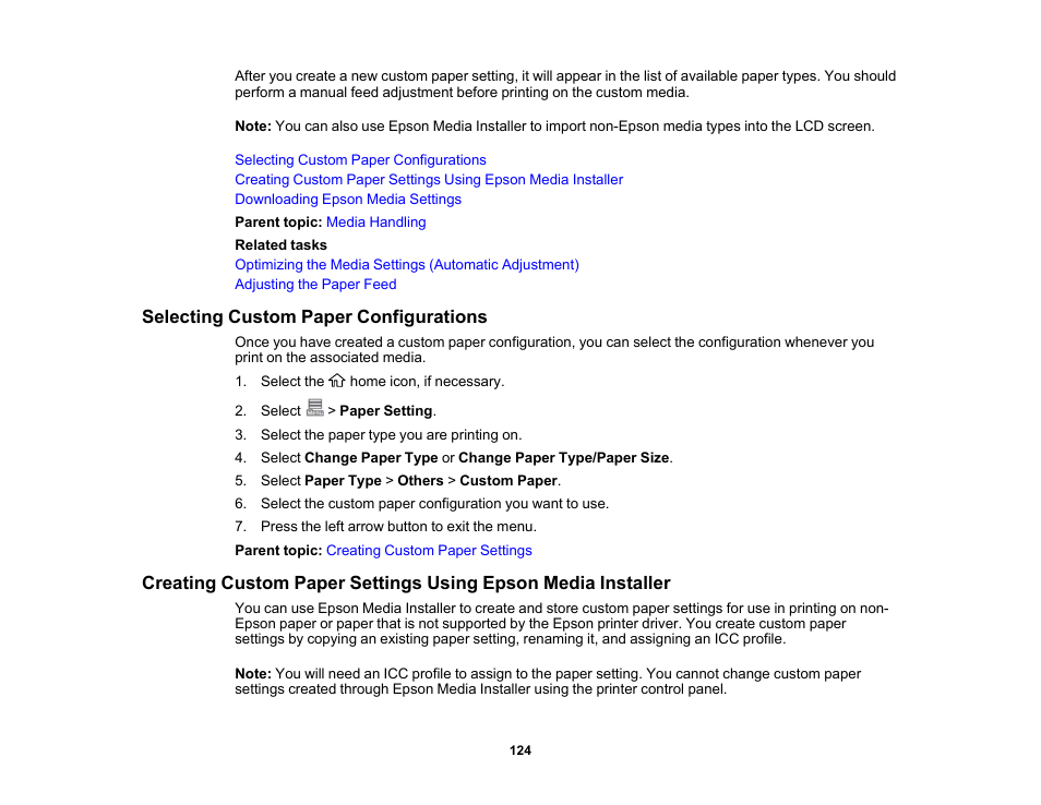 Selecting custom paper configurations | Epson SureColor P8570DL 44" Wide-Format Dual Roll Printer with High-Capacity 1.6L Ink Pack System User Manual | Page 124 / 462
