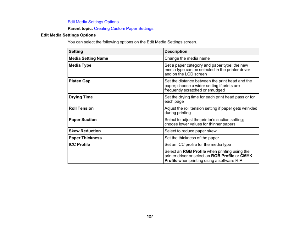 Edit media settings options | Epson SureColor P8570DL 44" Wide-Format Dual Roll Printer with High-Capacity 1.6L Ink Pack System User Manual | Page 127 / 462