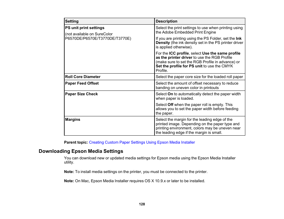 Downloading epson media settings | Epson SureColor P8570DL 44" Wide-Format Dual Roll Printer with High-Capacity 1.6L Ink Pack System User Manual | Page 128 / 462