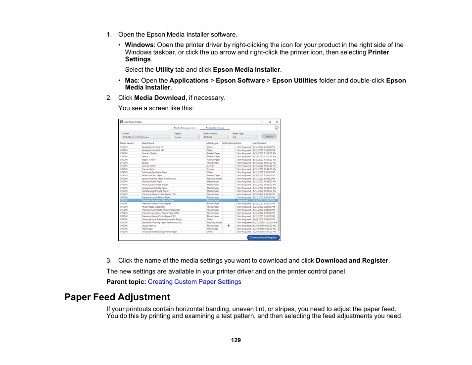 Paper feed adjustment | Epson SureColor P8570DL 44" Wide-Format Dual Roll Printer with High-Capacity 1.6L Ink Pack System User Manual | Page 129 / 462
