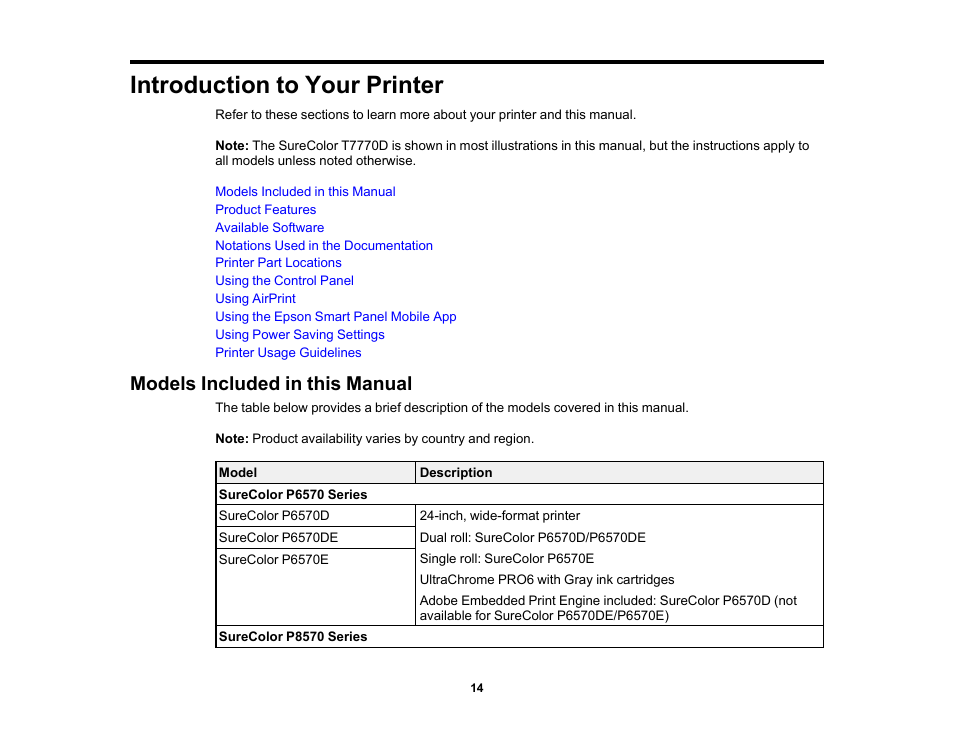 Introduction to your printer, Models included in this manual | Epson SureColor P8570DL 44" Wide-Format Dual Roll Printer with High-Capacity 1.6L Ink Pack System User Manual | Page 14 / 462