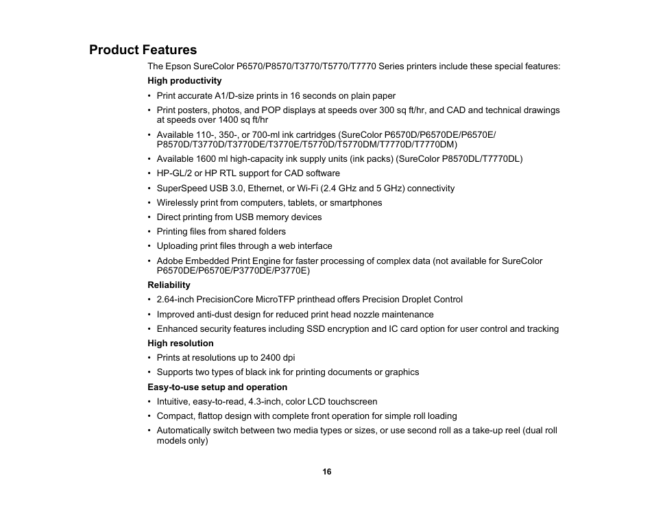 Product features | Epson SureColor P8570DL 44" Wide-Format Dual Roll Printer with High-Capacity 1.6L Ink Pack System User Manual | Page 16 / 462