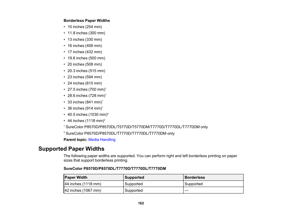 Supported paper widths | Epson SureColor P8570DL 44" Wide-Format Dual Roll Printer with High-Capacity 1.6L Ink Pack System User Manual | Page 162 / 462