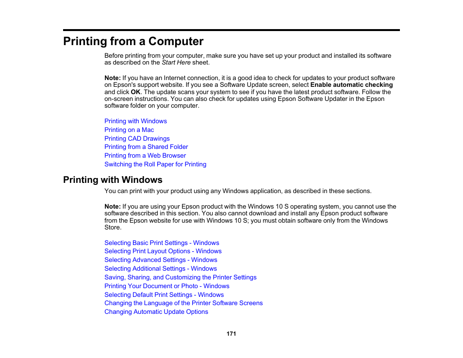 Printing from a computer, Printing with windows | Epson SureColor P8570DL 44" Wide-Format Dual Roll Printer with High-Capacity 1.6L Ink Pack System User Manual | Page 171 / 462